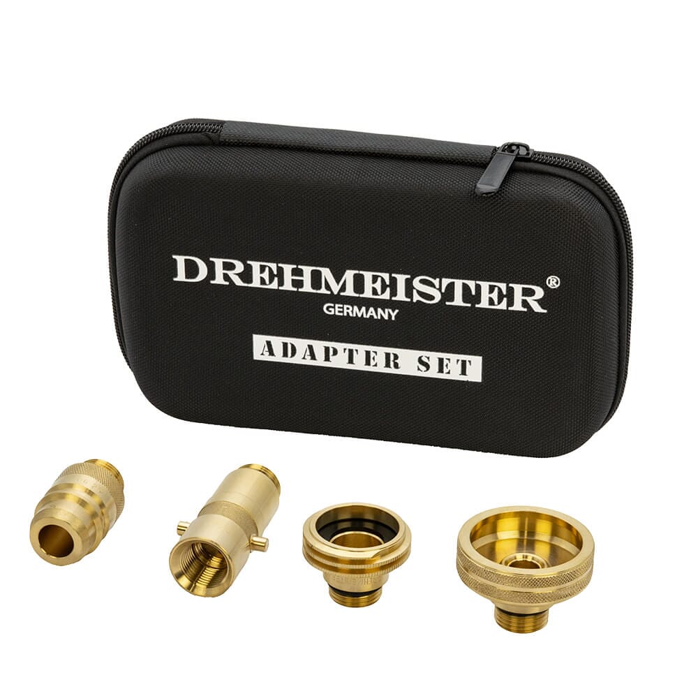 DREHMEISTER LPG adapter set with case and four European adapters, 128012 . Complete European LPG adapter set with DISH, Bayonet, ACME & Euro nozzle – supplied in a durable carry case.