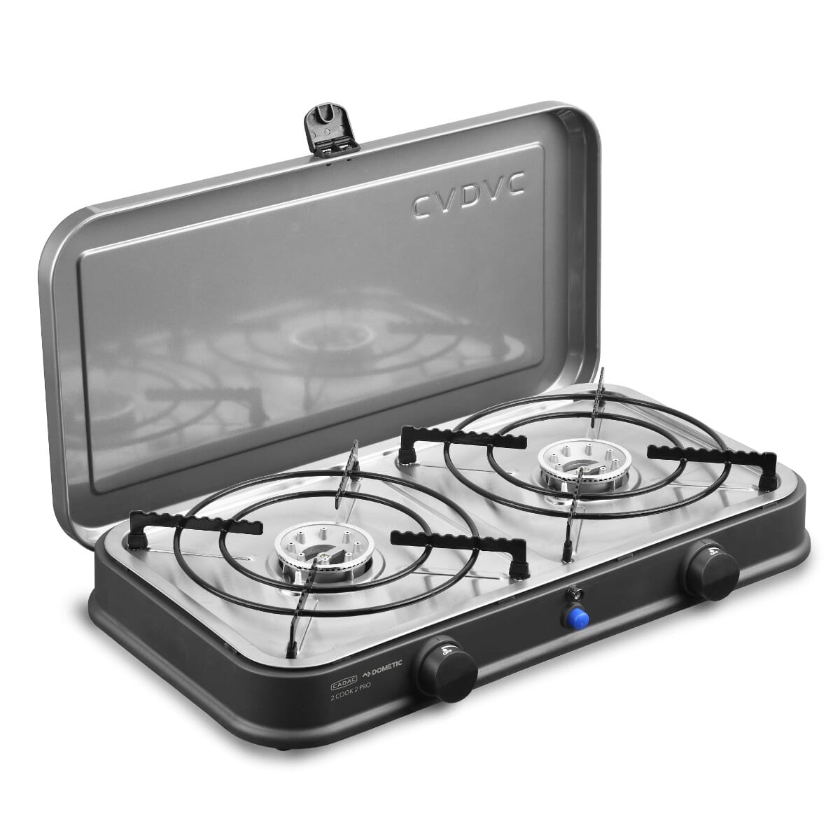 The Cadac 2 Cook Pro QR — dual independent burners, push-button piezo ignition and 90° QR coupling. Feeds 2–4 people anywhere.