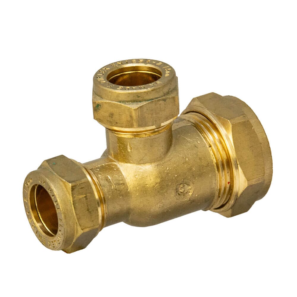 Reduced End & Branch Brass Compression Tee –  22mm x 15mm x 15mm , AH110