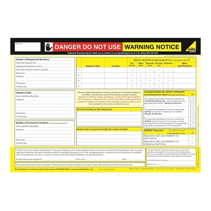 Gas Safe Warning Advisory Report Pad