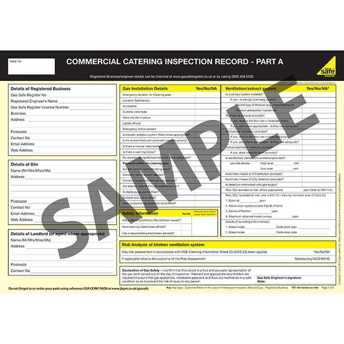 Gas Safe Commercial Catering Inspection Record - Part A & B