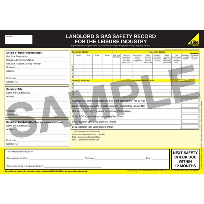 Gas Safe Landlords Gas Safety Record For The Leisure Industry