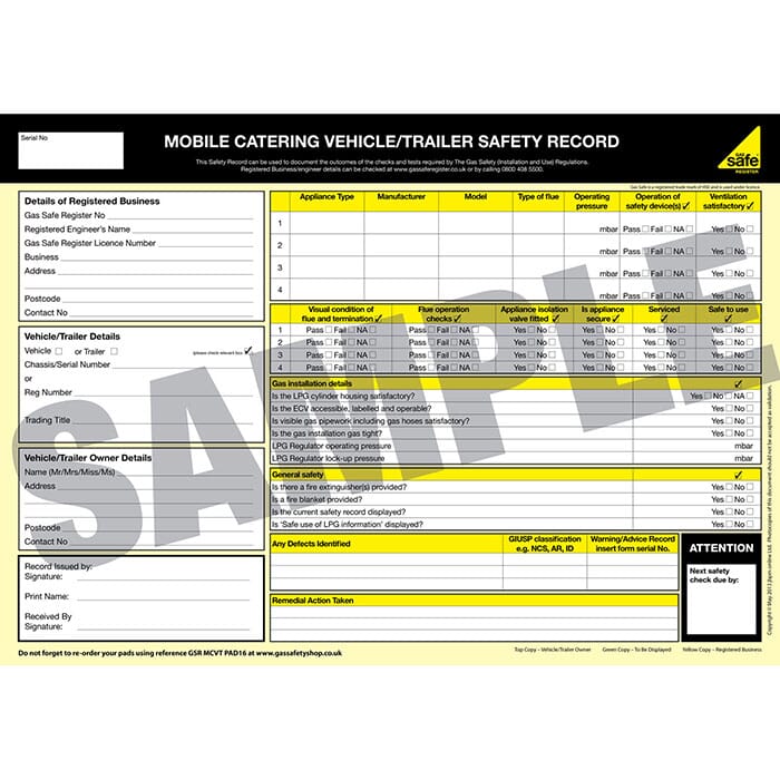 Gas Safe Mobile Catering Vehicle Trailor Safety Record