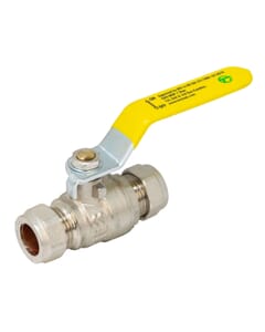 Tesla 15mm Compression Full Bore Gas Ball Valve - Yellow Lever Handle