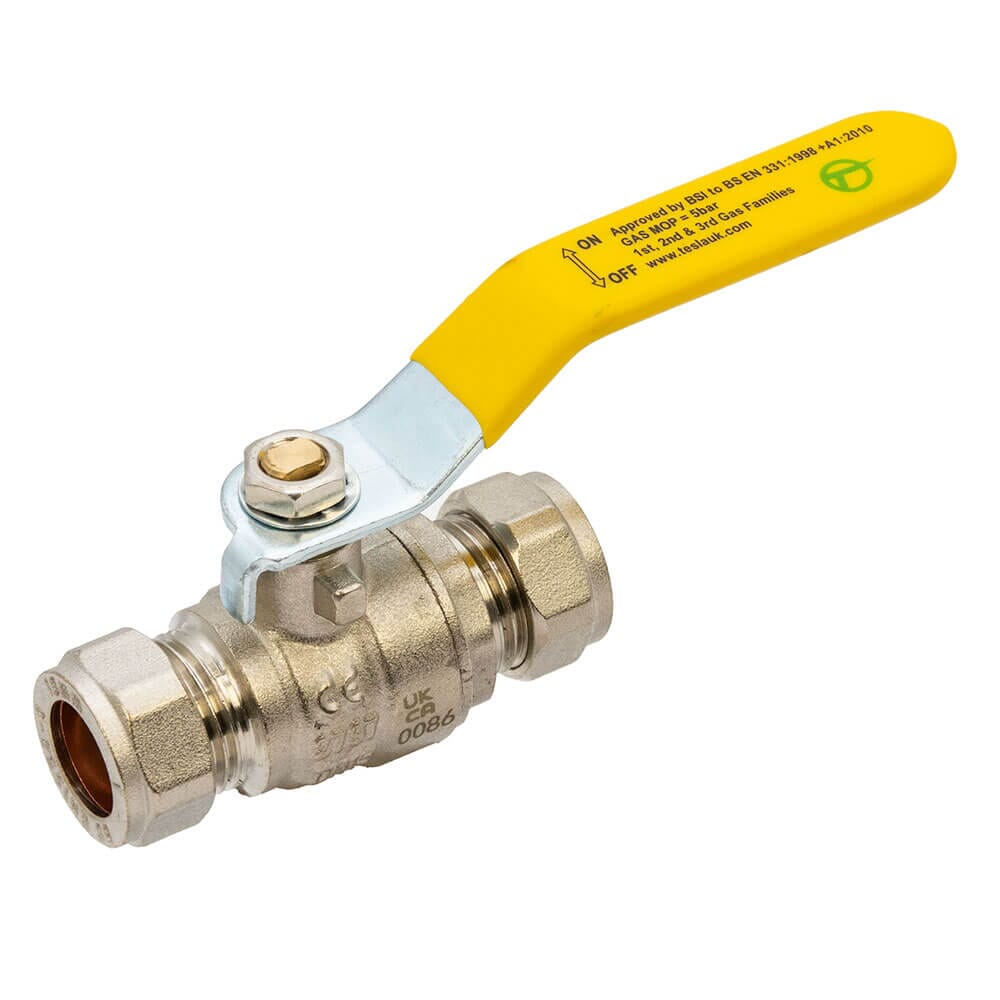 Tesla 15mm Gas Ball Valve Full Bore Compression – Yellow Lever