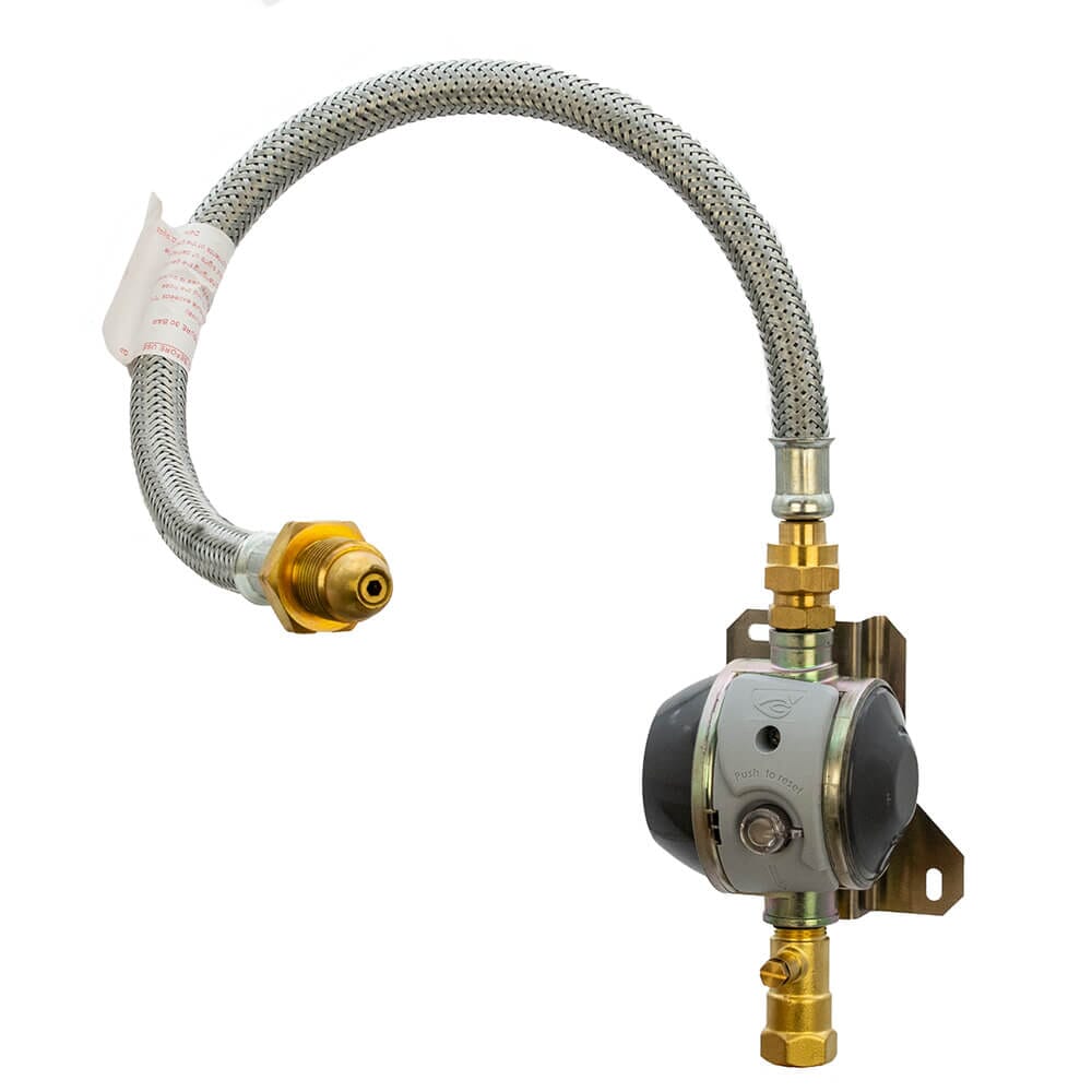 HGP LPG Single Cylinder Gas Regulator Kit with OPSO & Galv Pigtail, HGP996ARM.  Complete UK POL propane regulator kit with OPSO safety shut-off and full installation accessories.