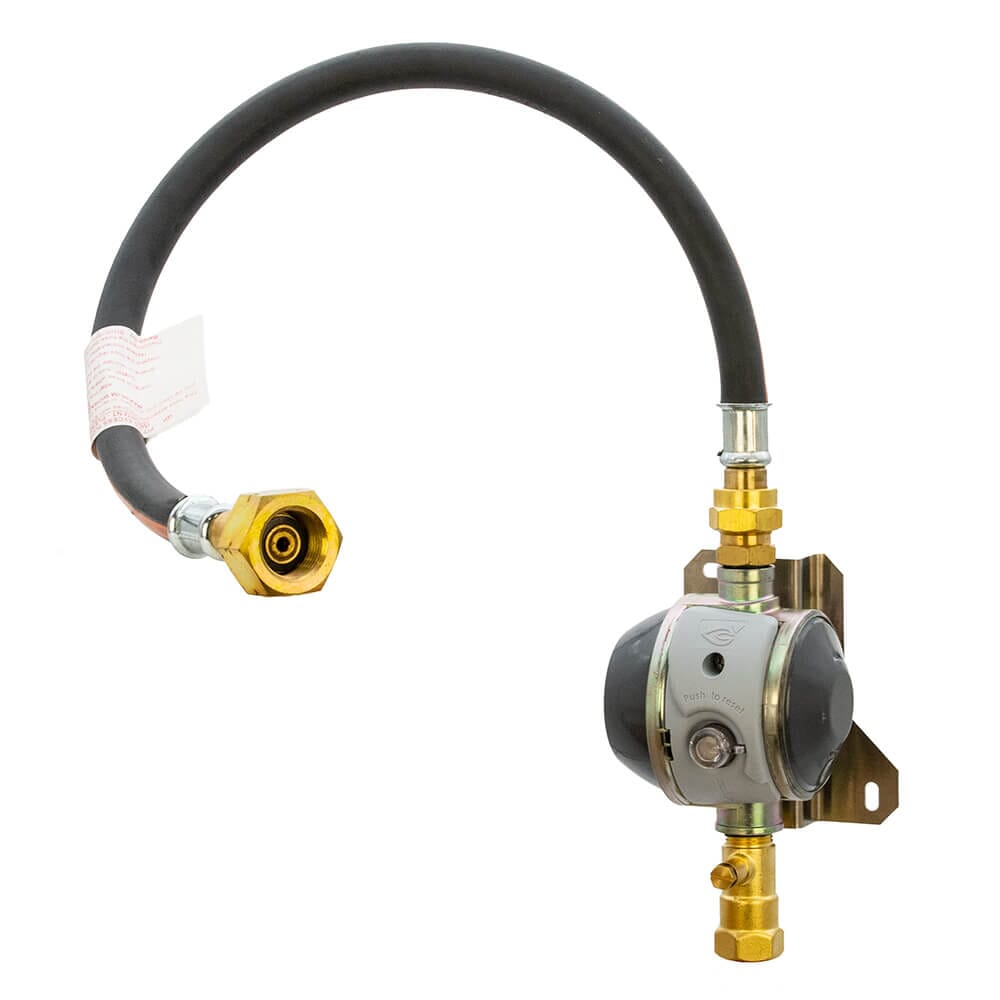 HGP LPG Single Cylinder Gas Regulator Kit with OPSO - Irish F-Valve, HGP996E.  Complete Irish F-Valve propane regulator kit with OPSO safety shut-off and full installation accessories.