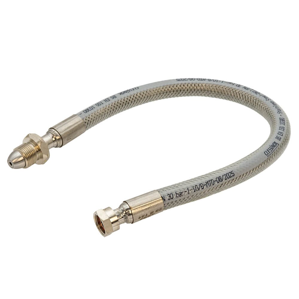 Clessinox 500mm Stainless Steel Propane Gas Pigtail - NR POL x W20, UUSSPT500MMNRV. Premium 500mm stainless steel propane pigtail with Ultraset non-return valve and wide bore design.